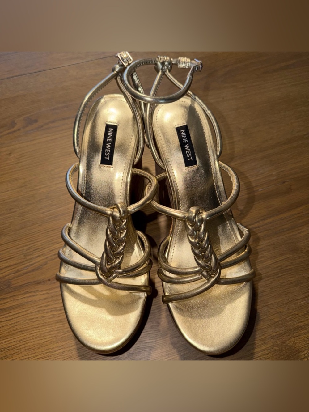 NWOB Nine West Platino Olander Knotted Platform Sandals Gold Ankle Strap Wedge - Picture 5 of 5